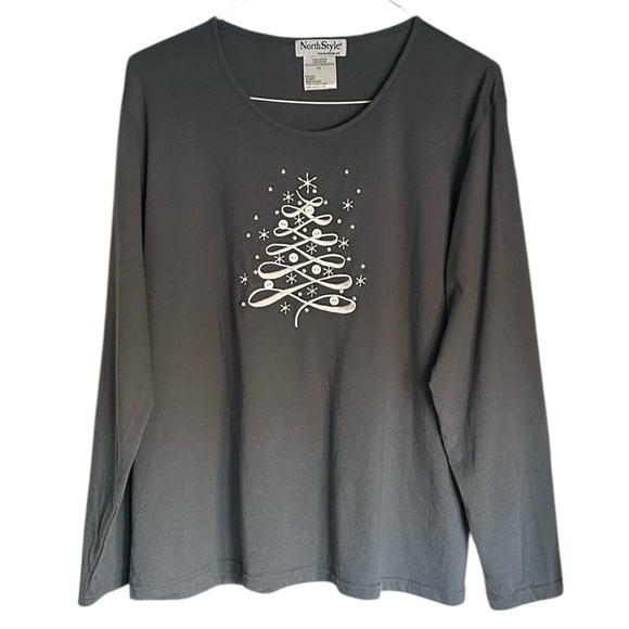 NorthStyle Gray Long Sleeve Knit Studded T Shirt Christmas Tree Holiday Top 1X - Picture 2 of 6